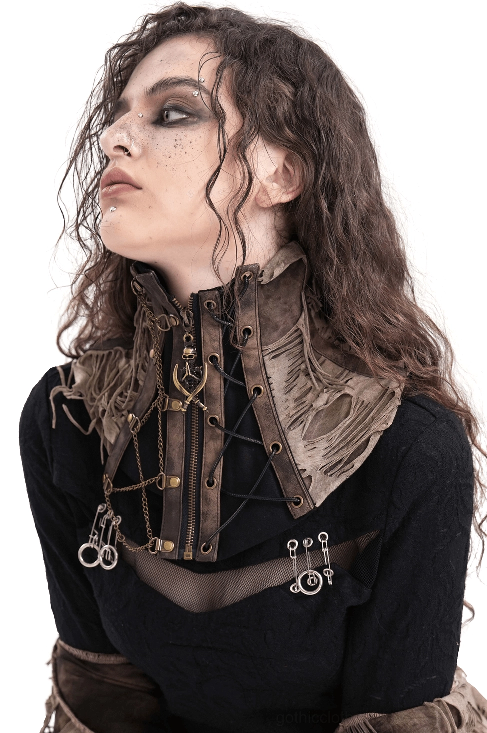Front three-quarter view of distressed gothic corset choker with lace-up front and metal chain accents on model