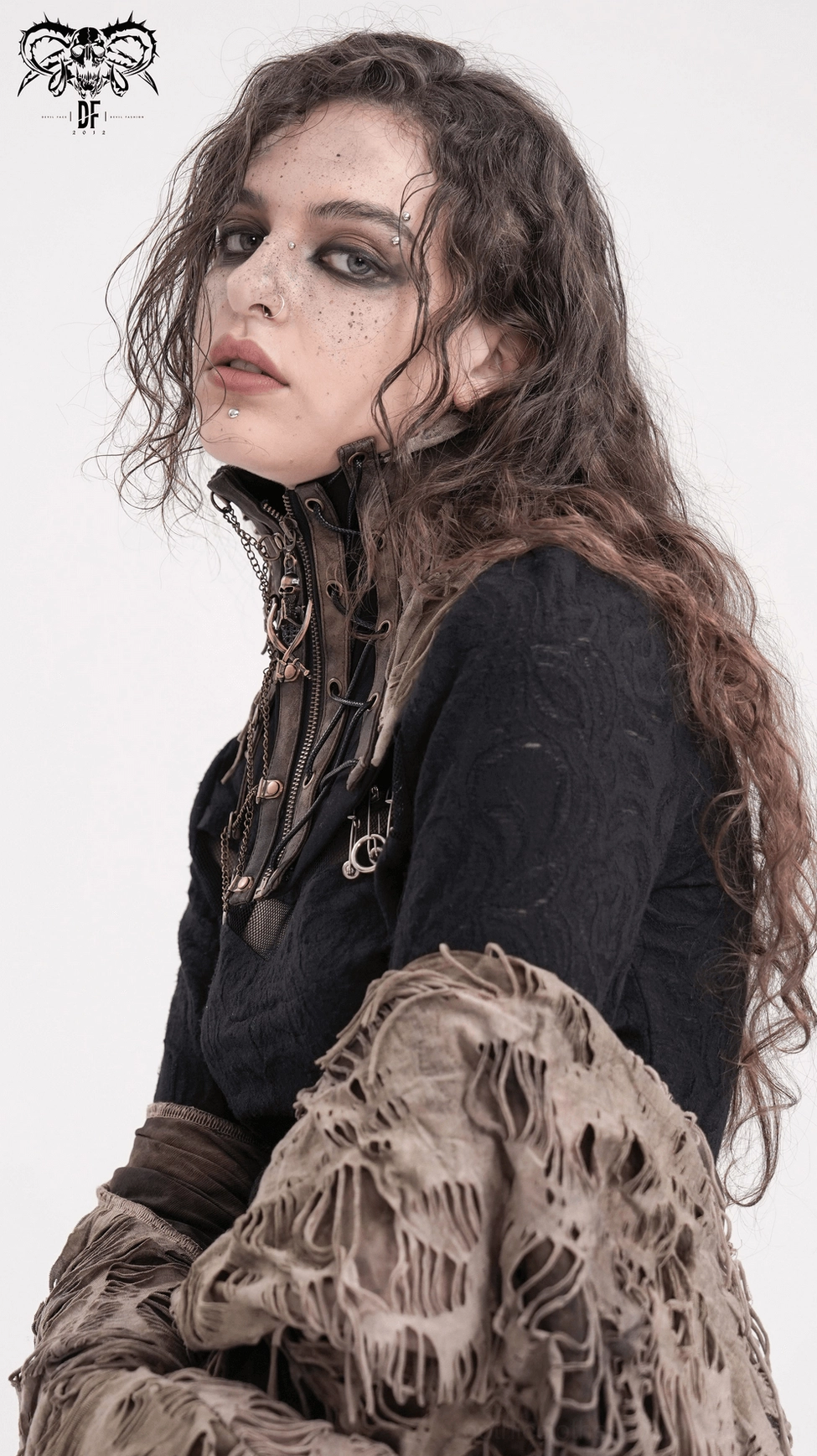 Front showcase of gothic distressed corset choker with chain accents and vintage metal hardware