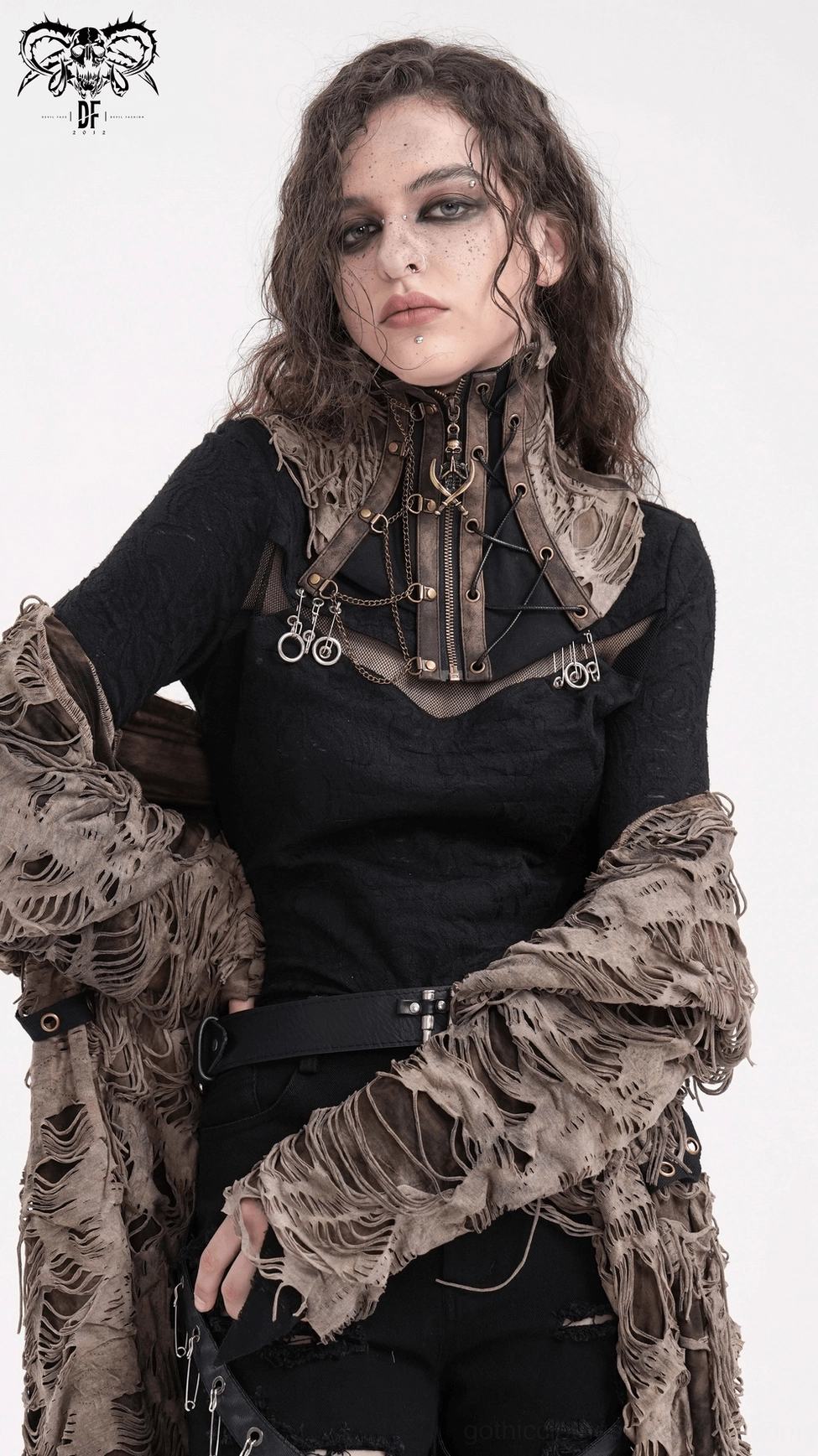 Full view of distressed lace-up gothic choker displaying complete lacing system and collar structure