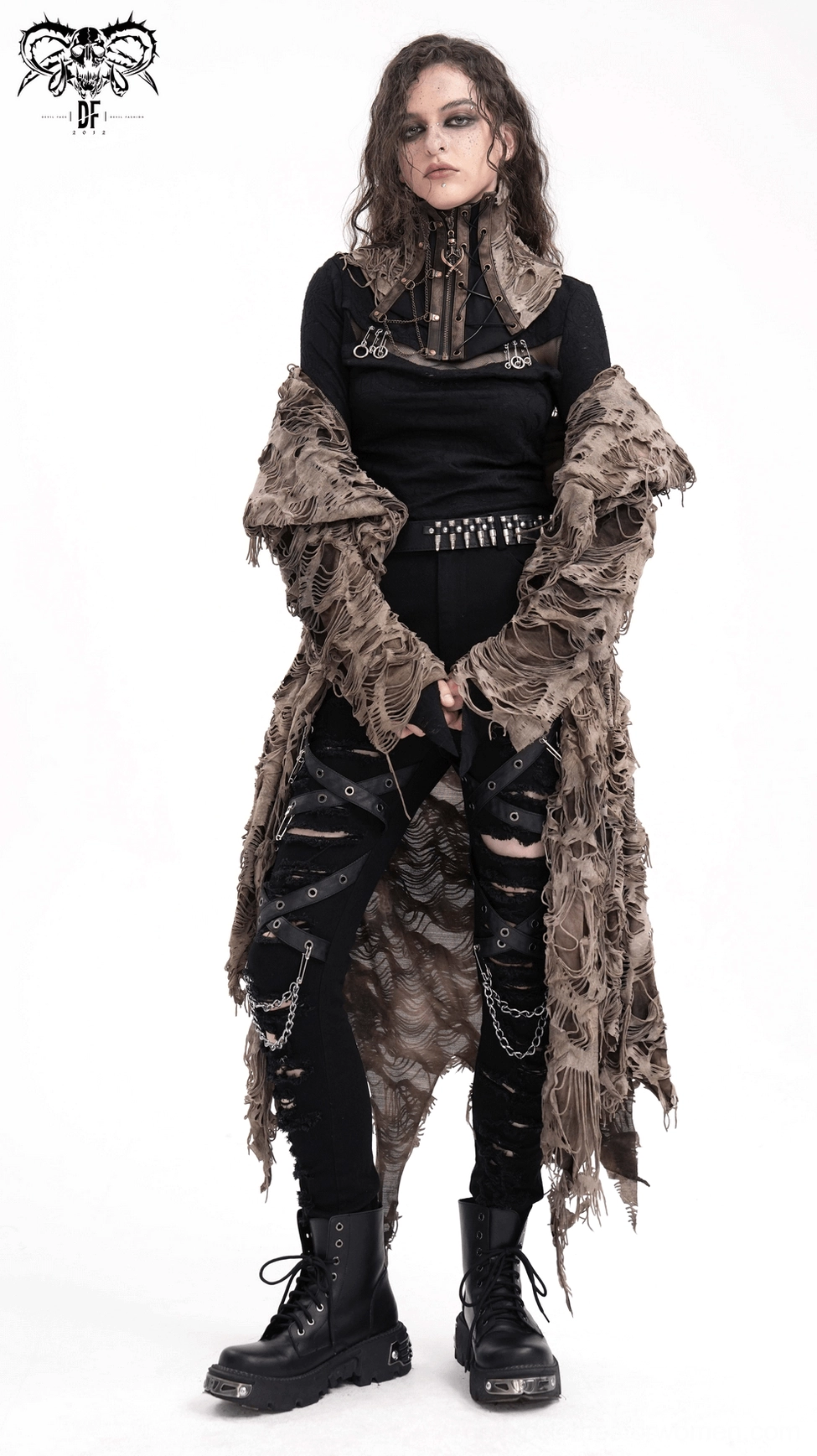 Primary product image of distressed lace-up gothic corset choker with metal chains and faux leather