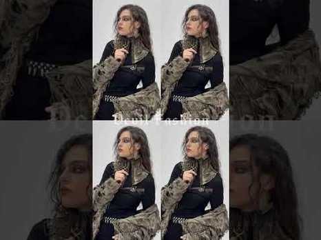 Multiple angles of gothic corset choker with distressed shawl accessory complement on model in studio setting