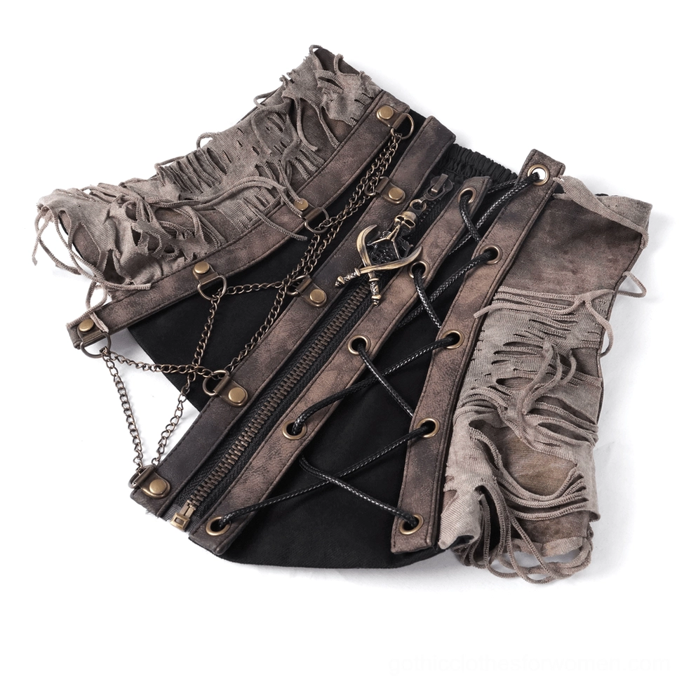 Angled side view of gothic corset choker featuring metal chain straps and lace-up front design