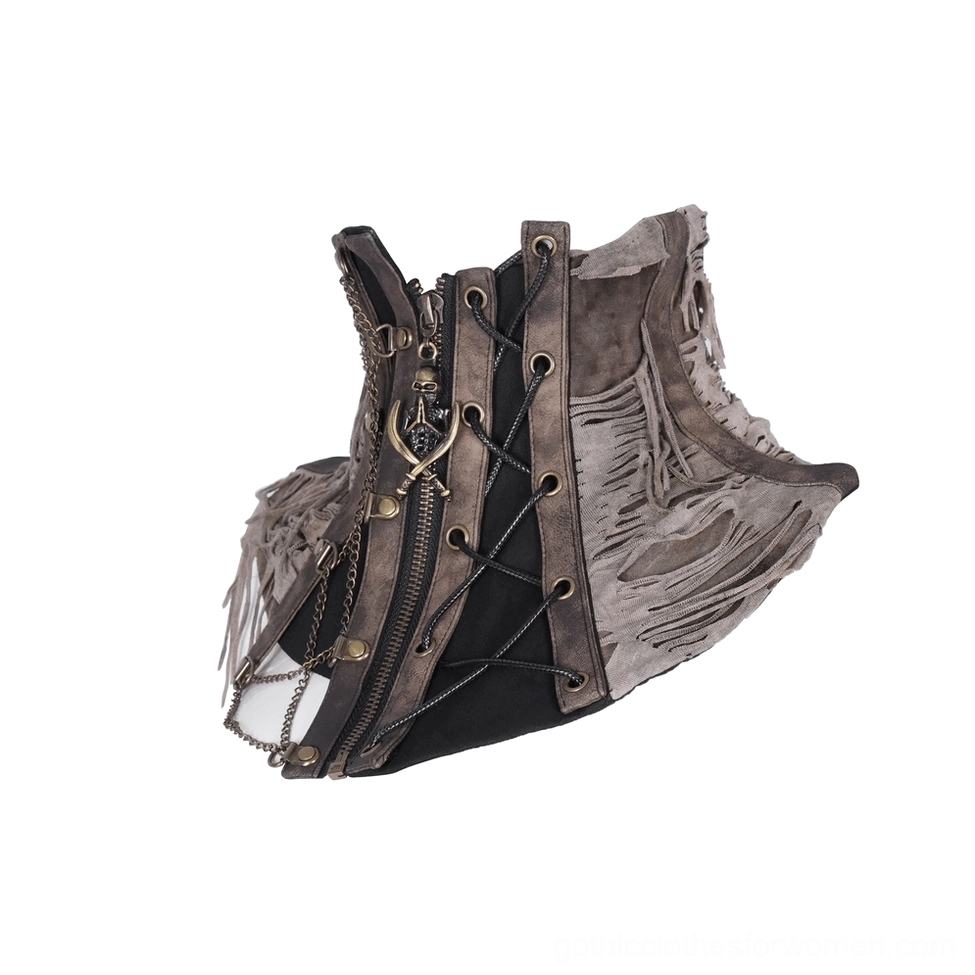 Side flat lay view of distressed corset choker showing vintage metal fittings and lace-up detailing