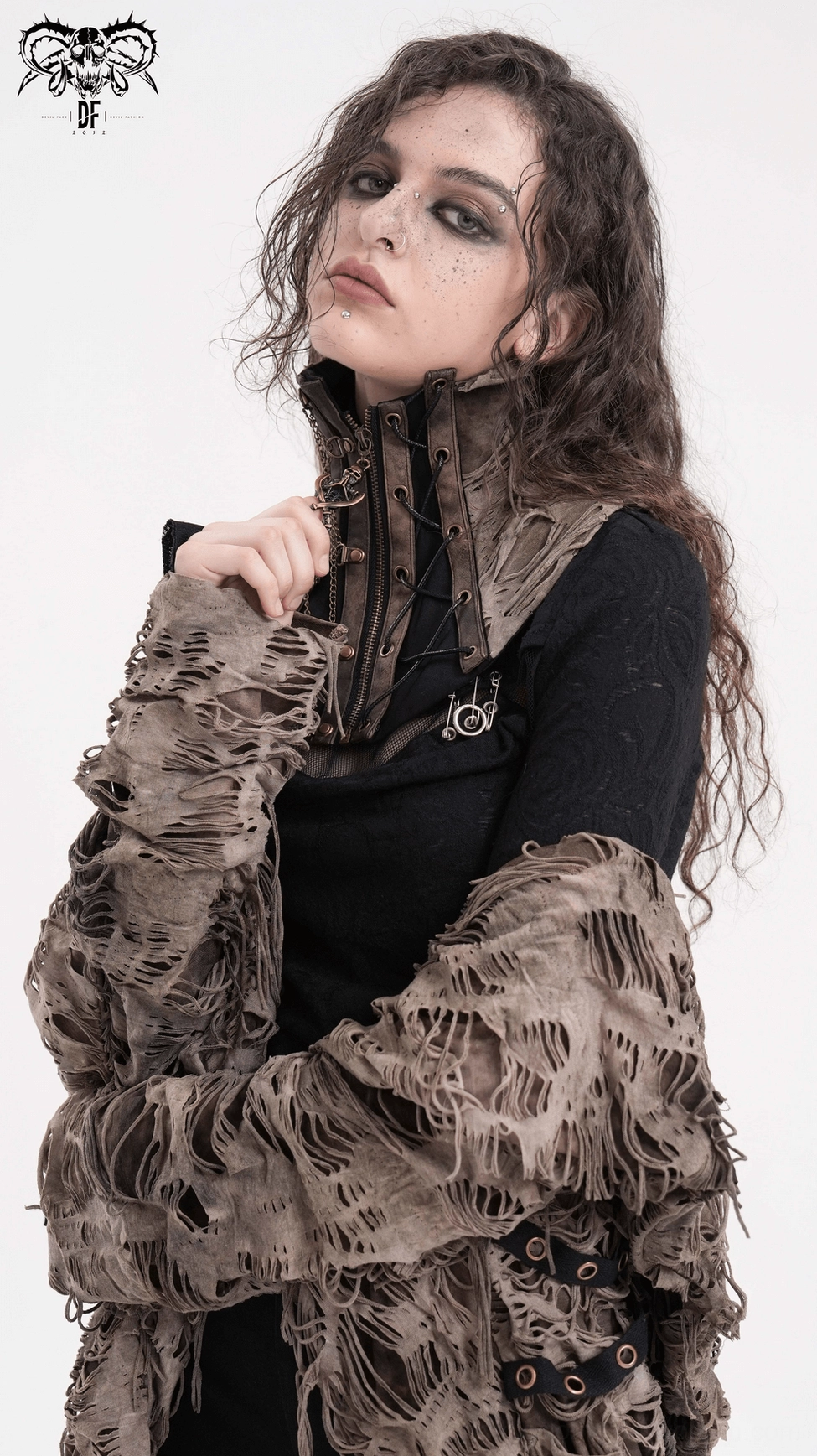 Side profile of gothic corset choker worn on model demonstrating fit and distressed design elements