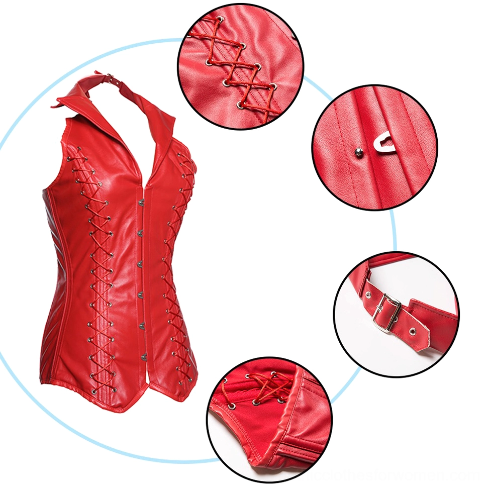 Gothic corset detailed close-up shots showing lace-up trim, button fastener, neck strap, and interior construction
