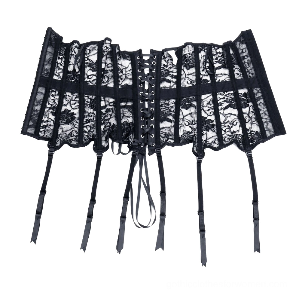 Top-down flat lay of gothic corset showing front hook-and-eye closure and central lace-up