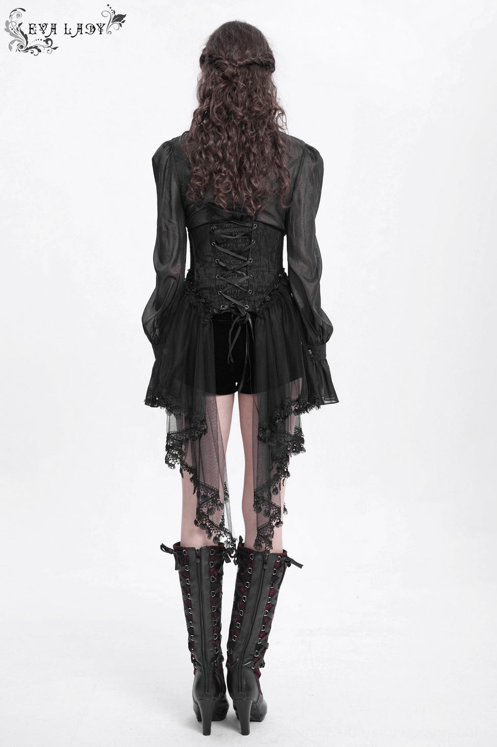 Black gothic underbust corset displaying complete garment with tulle skirt, boning structure, and metal gothic accents