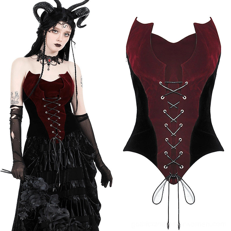 Complete gothic outfit with wine red velvet corset, black gloves, ruffled skirt and choker accessory, full ensemble styling