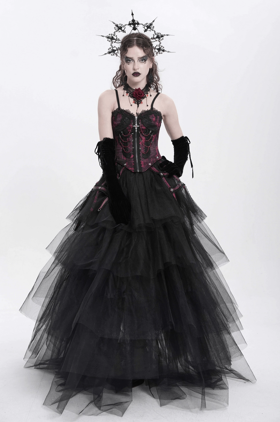 Wine red gothic corset with complete styling showing structured fit and garter strap proportions