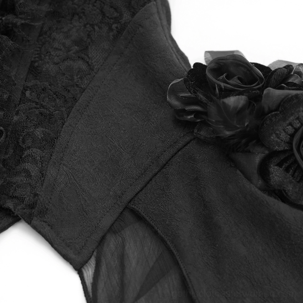 Gothic corset showing velvet lace construction and feather embellishments from front quarter angle