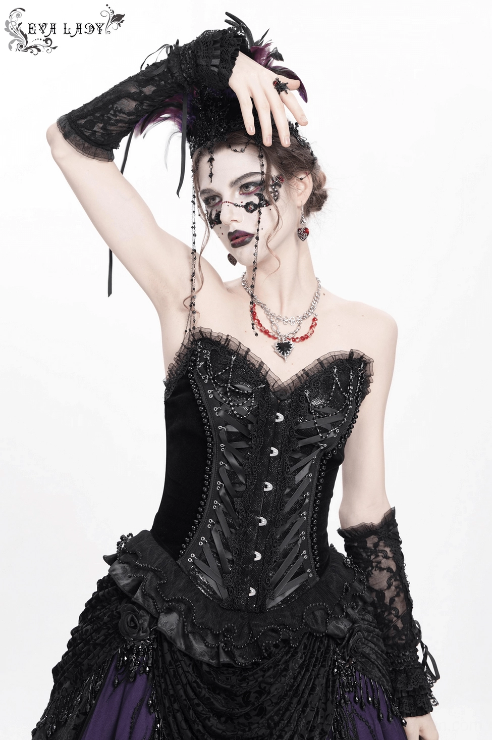 Gothic corset detail showing the craftsmanship of the lace-up back and ruffle trim construction