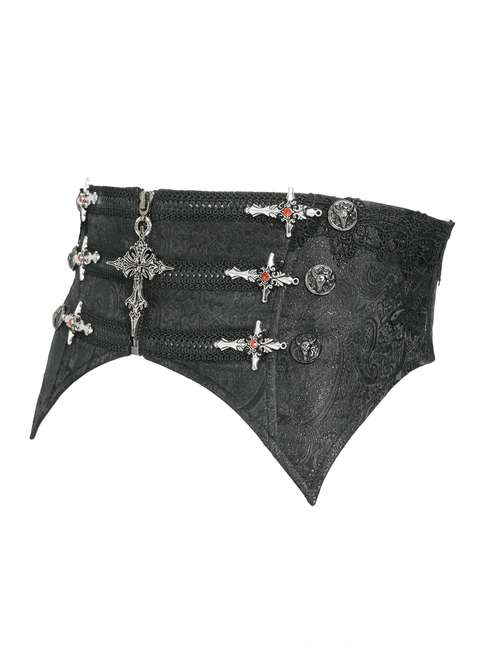 Flat lay detail of black gothic corset belt showing three rows of silver cross decorations and pointed hem