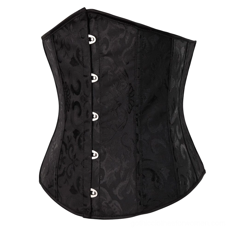 Gothic lace-up corset close-up detail of damask jacquard weave and edge trim craftsmanship
