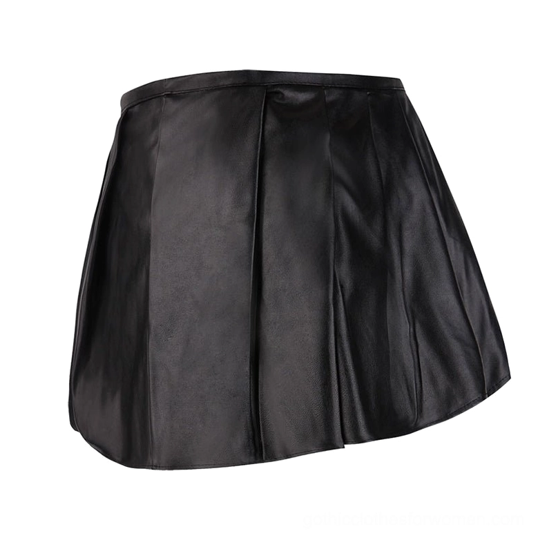Strapless gothic corset dress showing 12 plastic bones construction and pleated mini skirt design
