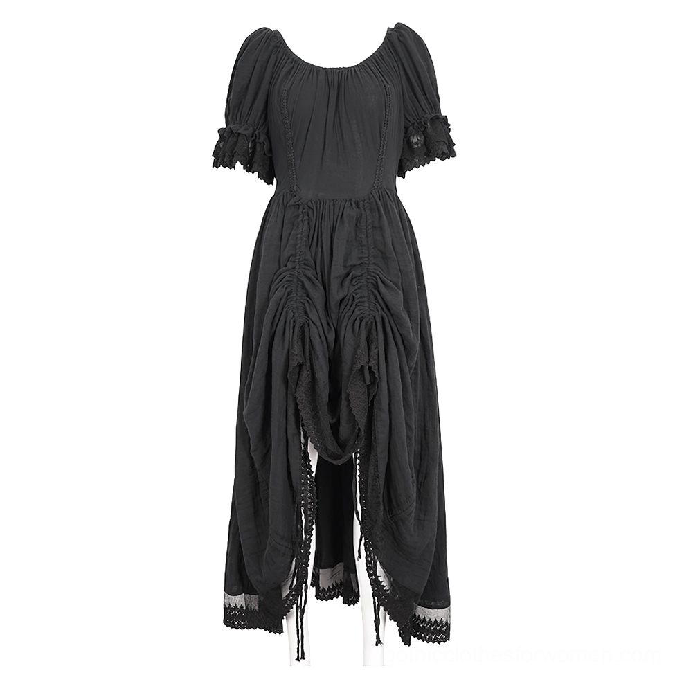Black gothic corset dress asymmetric hem lace trim flat lay front