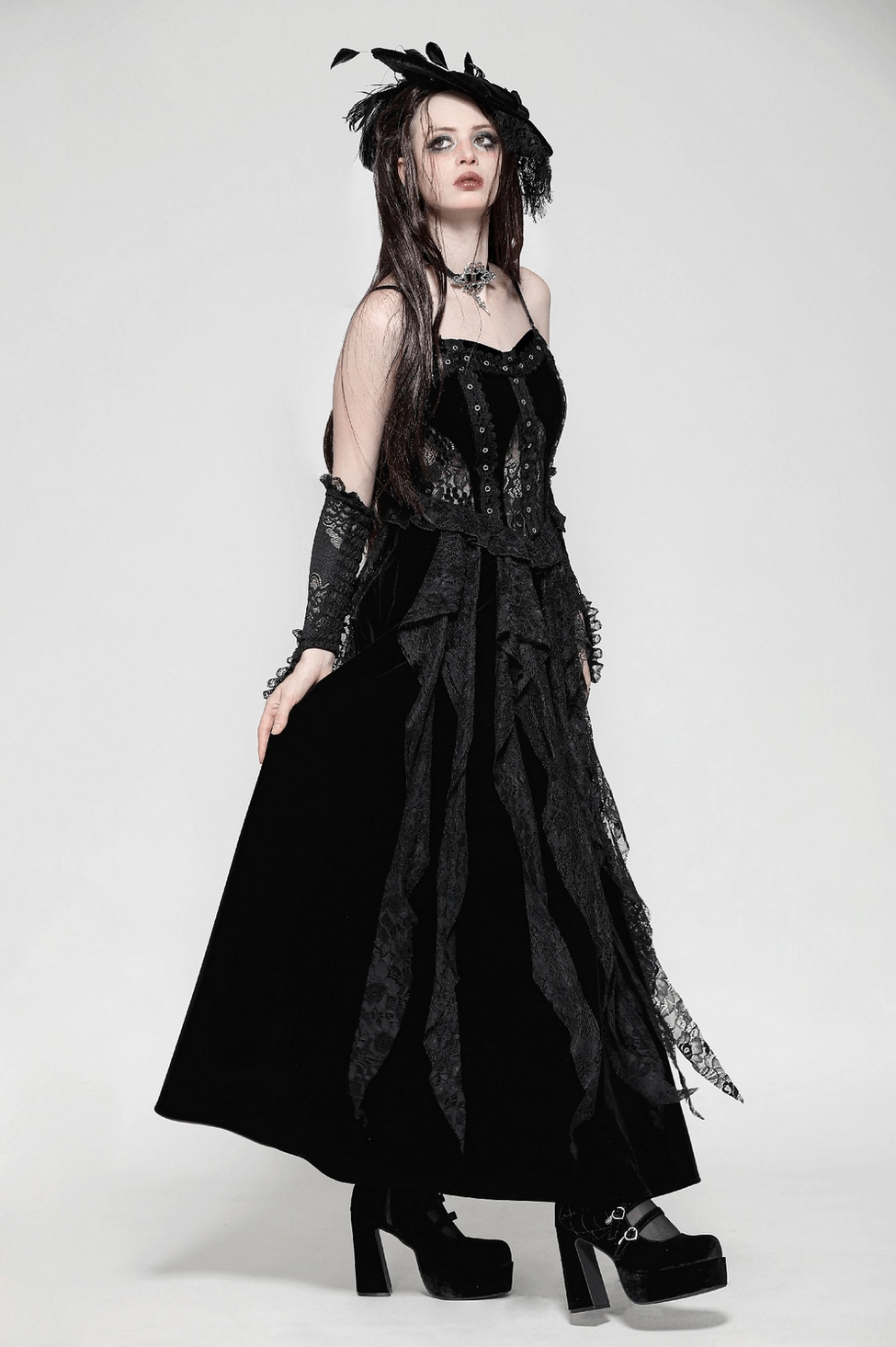 Back full-body view of gothic corset maxi dress showing lace construction and fit