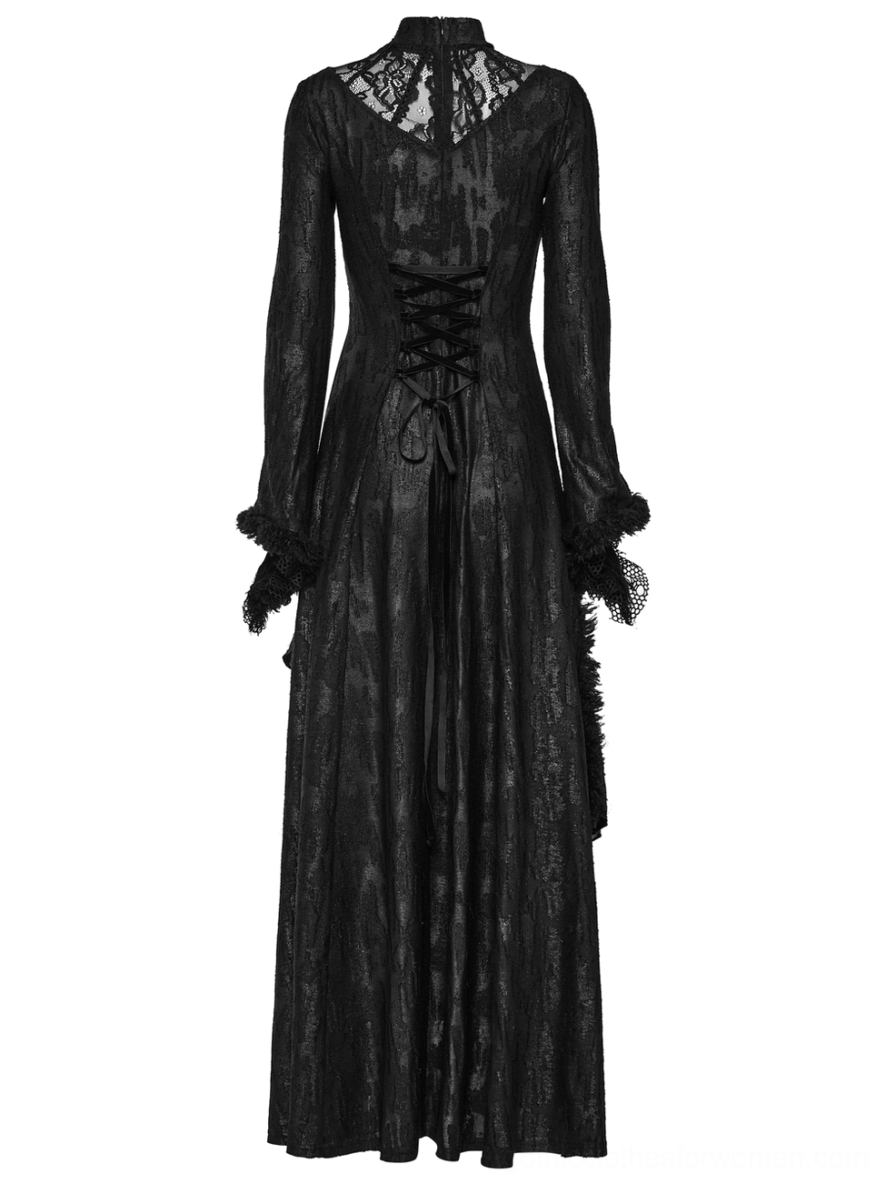 Back product view of gothic corset dress featuring intricate lace-up back, sheer lace yoke and structured silhouette
