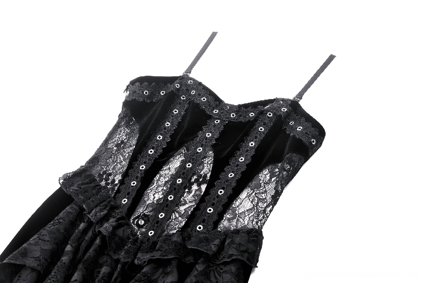 Back view of gothic corset dress showing lace-up fastening and ruffled lace trim