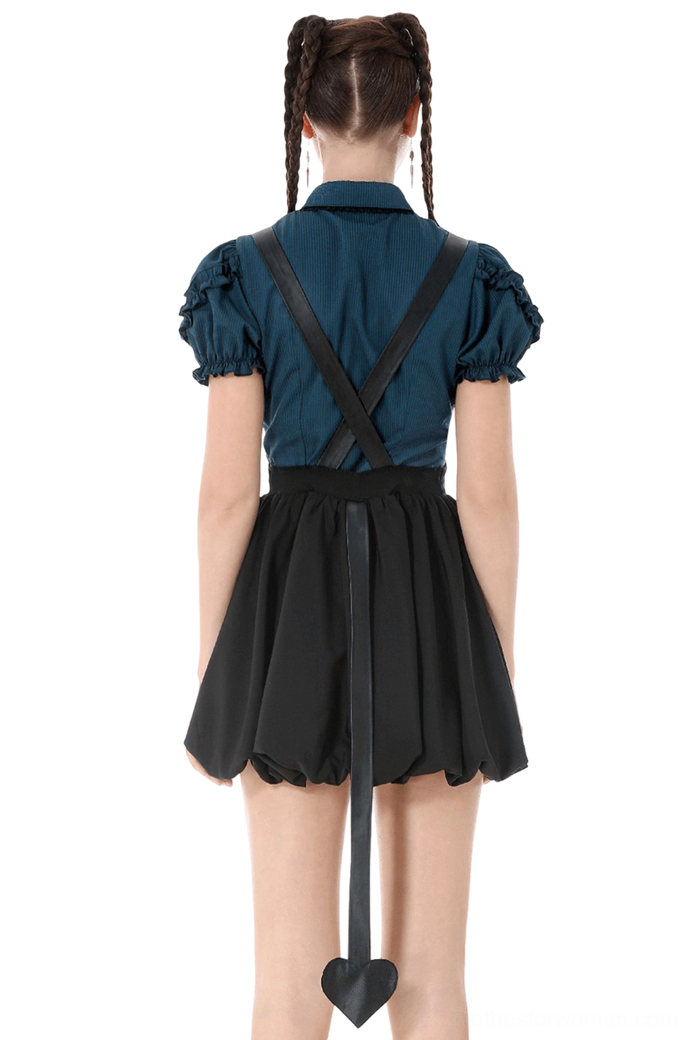Back view of gothic corset dress showing cross-back straps and bubble skirt with heart-shaped tail accent