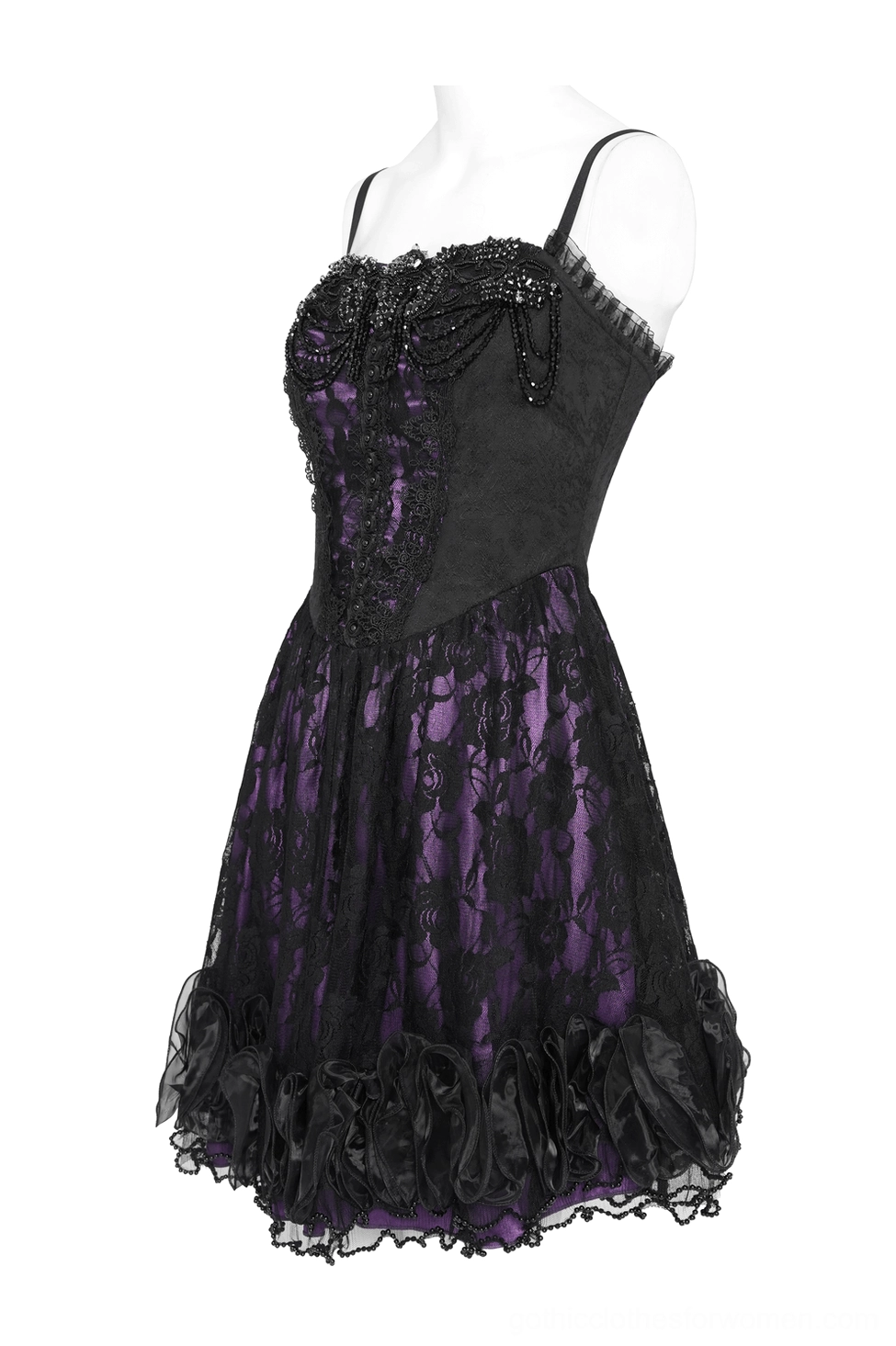 Three-quarter front view of purple gothic corset dress showing beaded bust detail and fitted bodice construction