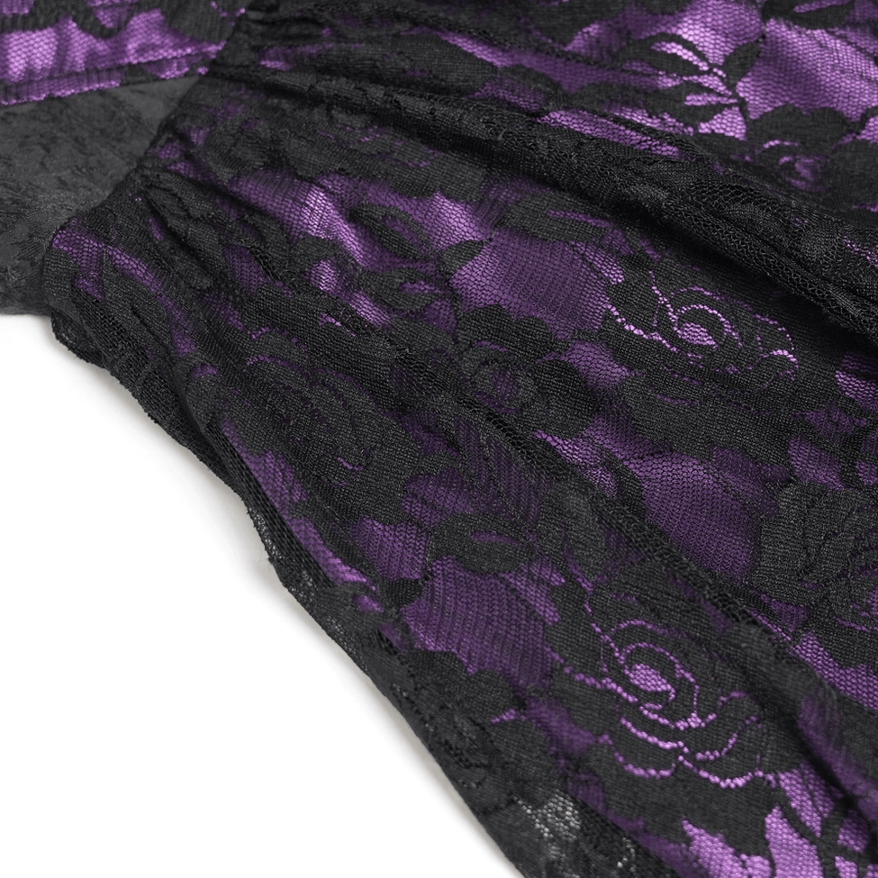 Gothic corset mini dress showing black lace overlay against purple foundation and fitted waist