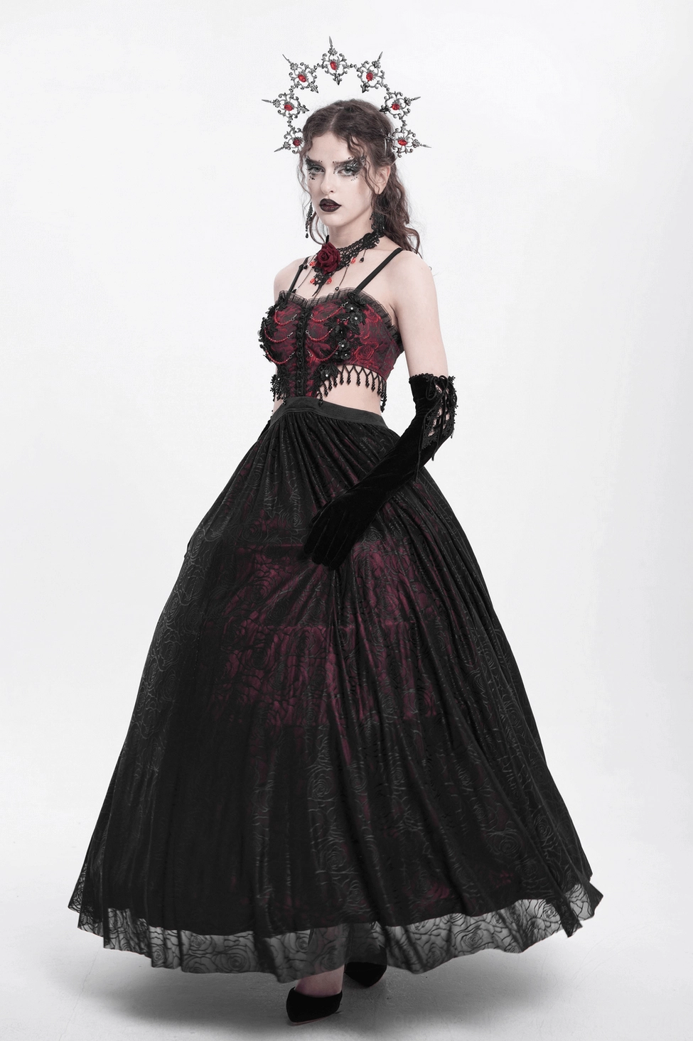 Gothic corset dress product shot displaying full length and floral jacquard burgundy rose pattern