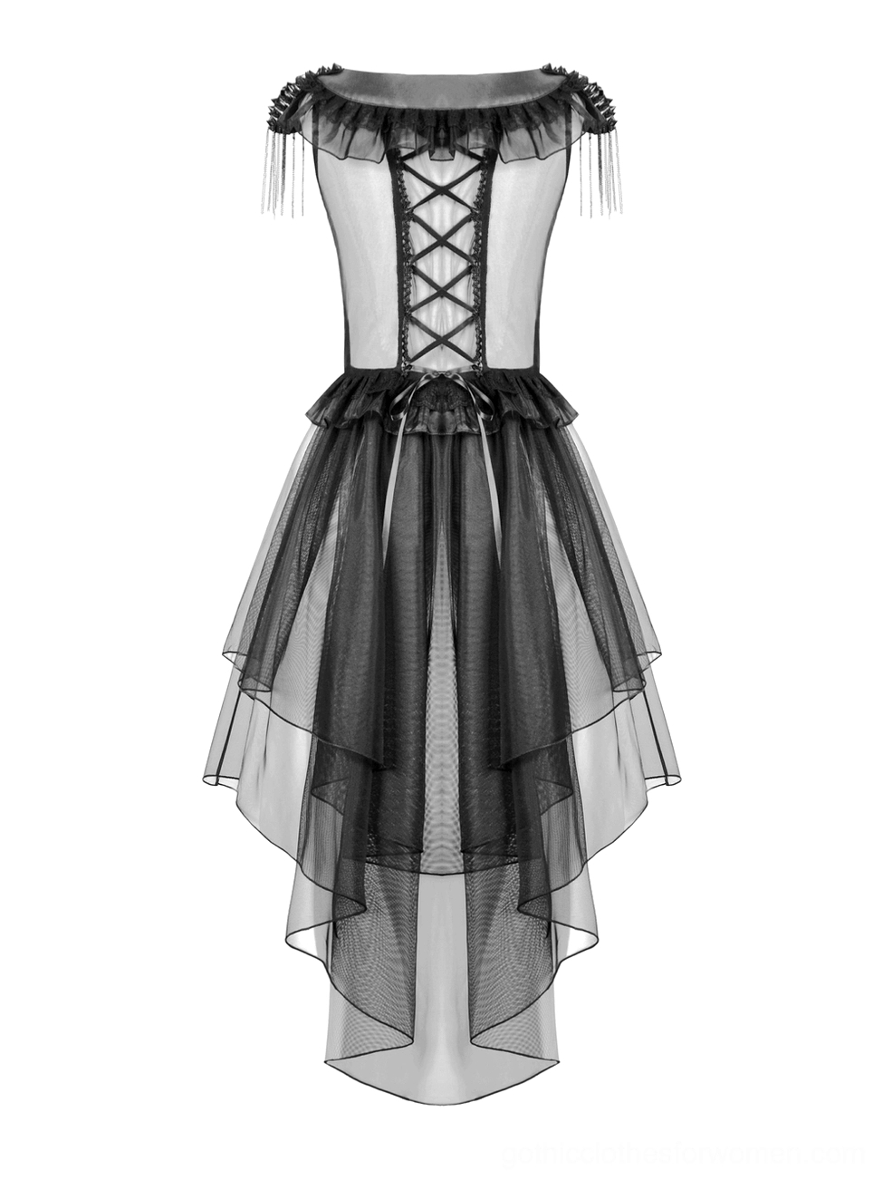 Flat lay back view of black gothic corset dress displaying lace-up back closure, off-shoulder ruffle trim, and layered tulle construction