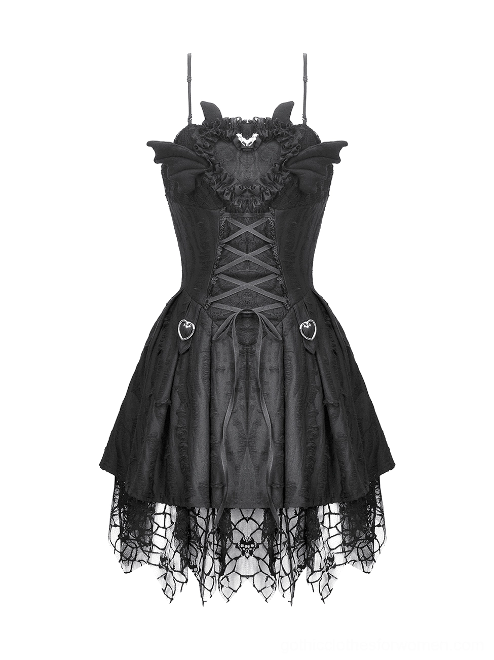 Black gothic corset dress flat lay front view showing lace-up closure, bat neckline trim, and mesh hem details
