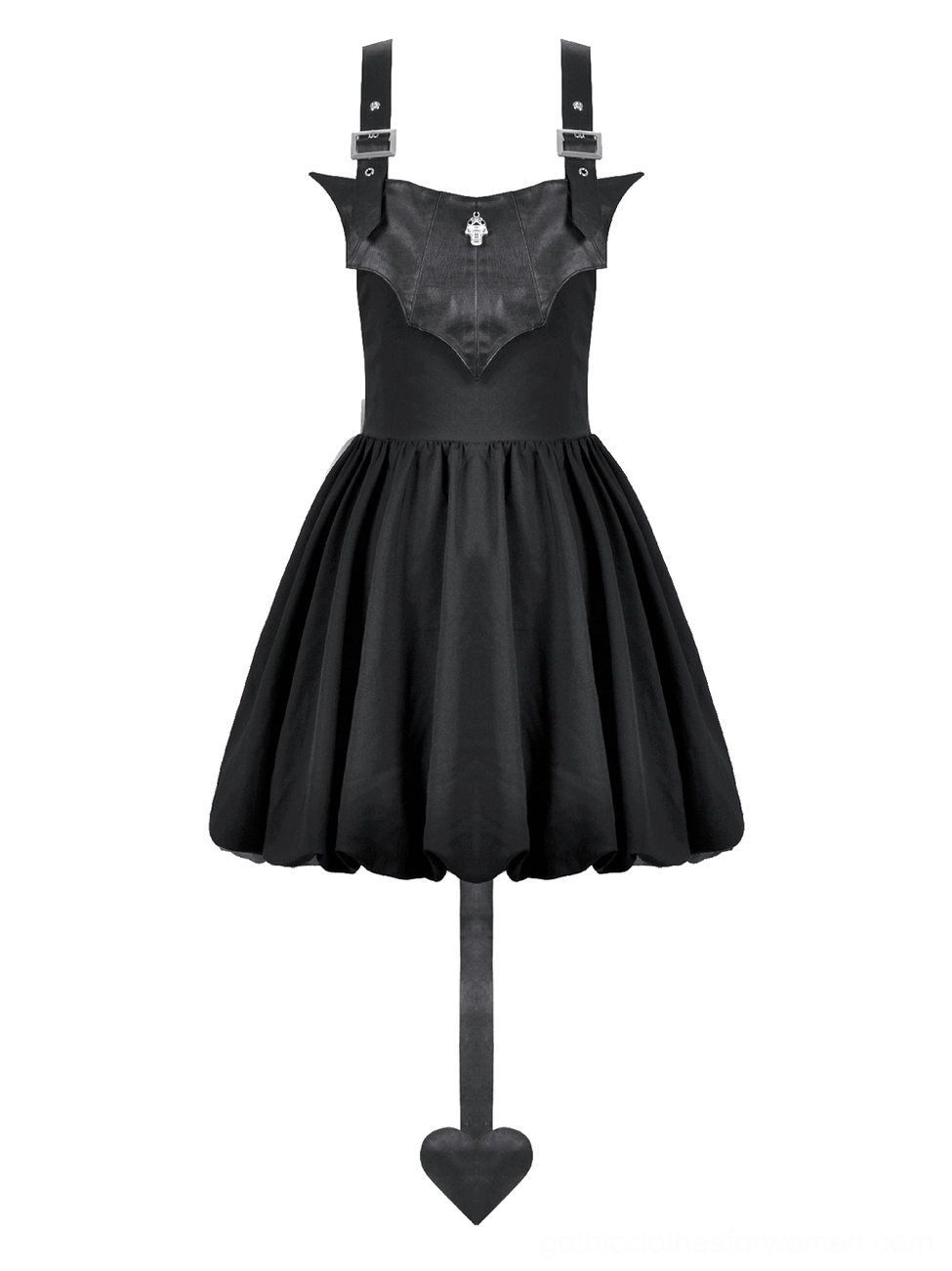 Flat lay overhead view of black gothic corset dress with heart skirt and cross suspender straps