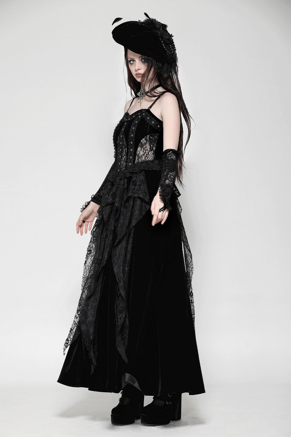 Front detail view of black gothic corset dress showing lace panels and structured bodice