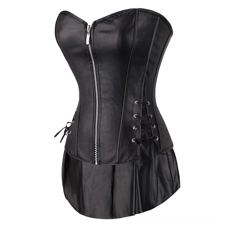Gothic faux leather corset dress from right side showing front zipper, side lace-up, and pleated leather skirt