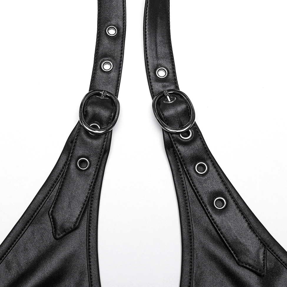 Black gothic halter dress detail shot emphasizing lace-up front corset closure and faux leather bodice texture