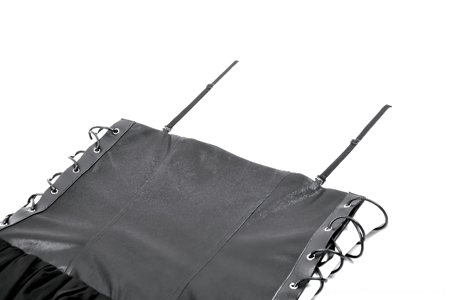 Side detail close-up of black corset dress showing lace-up closure and faux leather texture with adjustable strap