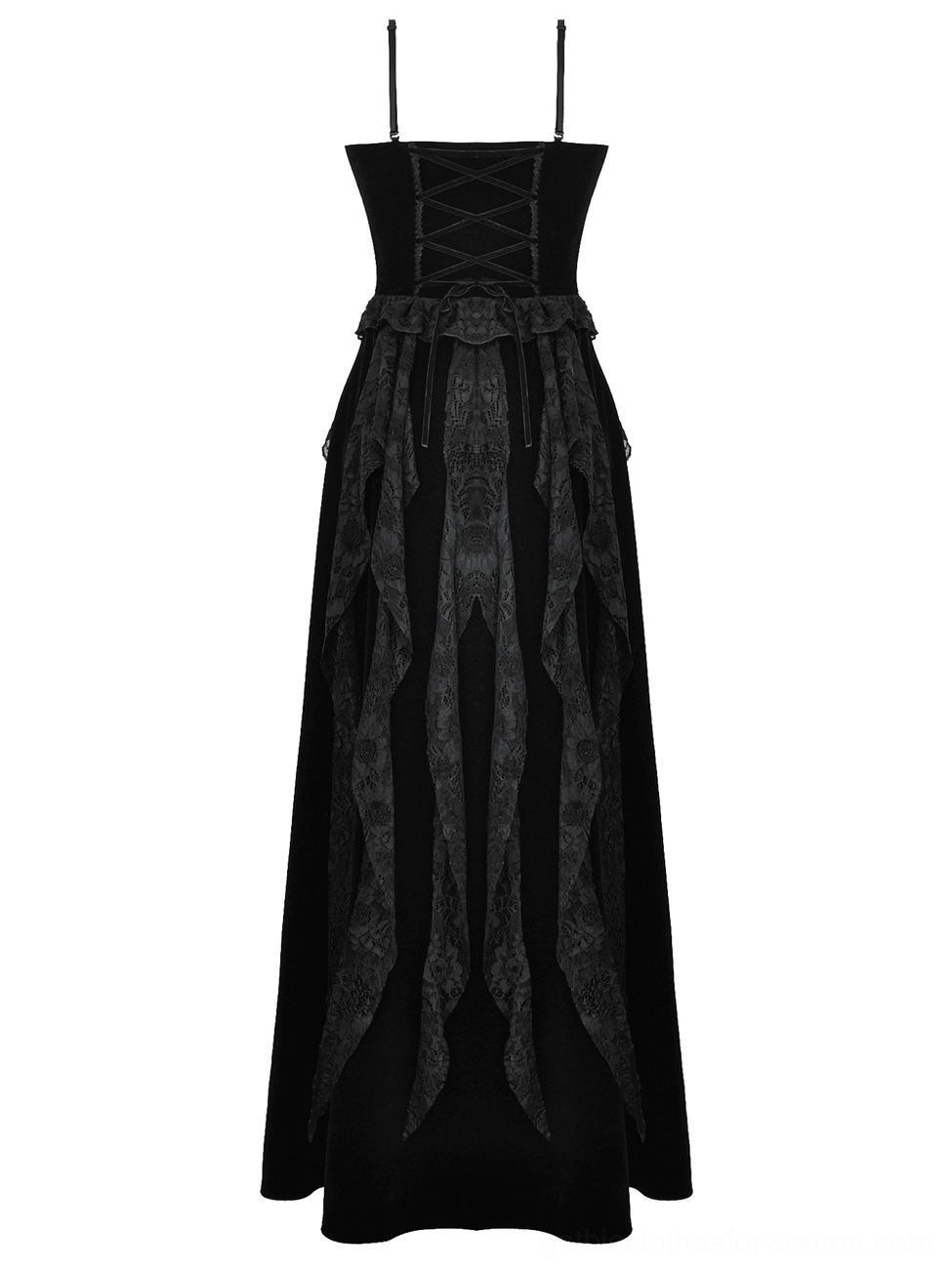 Black gothic corset maxi dress with lace panels and velvet long skirt