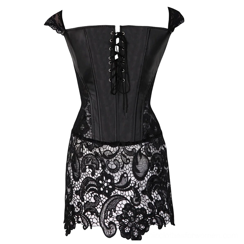 Gothic corset dress lace detail and zipper mechanism, close-up product view
