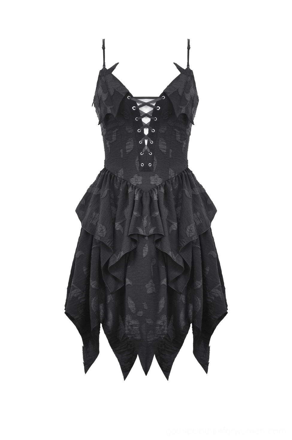 Flat lay front view of black gothic corset dress showing layered ruffled skirt detail