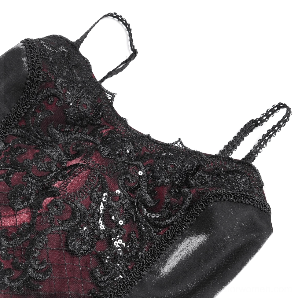 Black gothic gown neckline close-up sequined lace trim scalloped edge wine red satin base