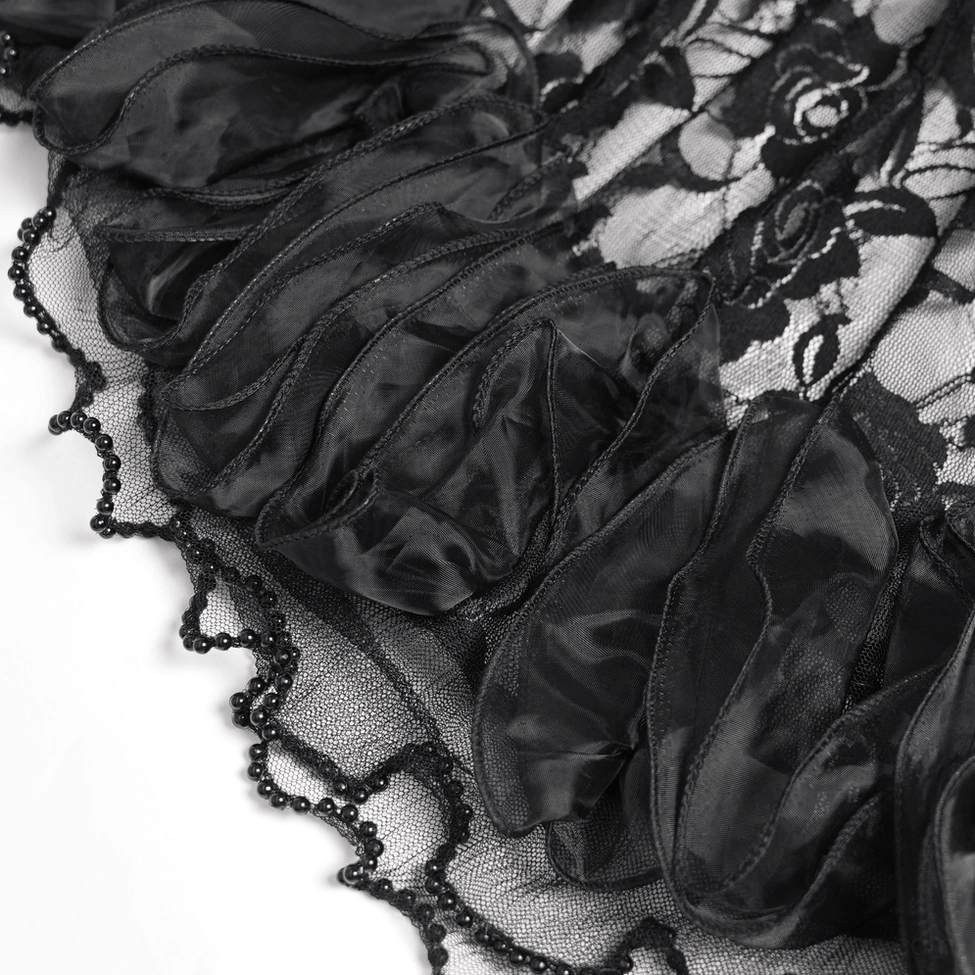 Gothic purple corset dress skirt section highlighting ruffled layers and satin texture detail