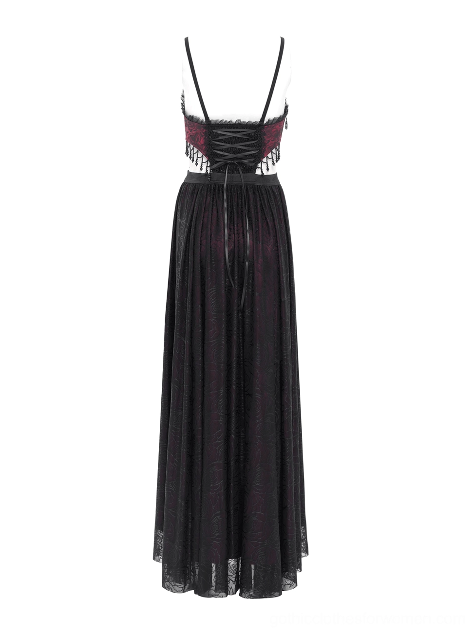 Gothic corset maxi dress side view product display showing cut-out waist and floor-length silhouette