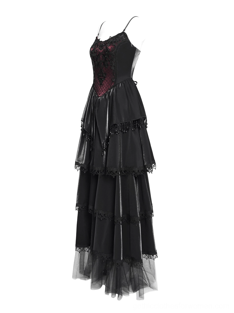 Gothic corset evening dress side front view beaded lace bodice satin tiered skirt sheer tulle hem