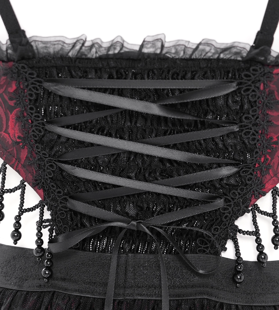 Gothic corset dress product display showing spaghetti straps and floor-length tulle with floral details