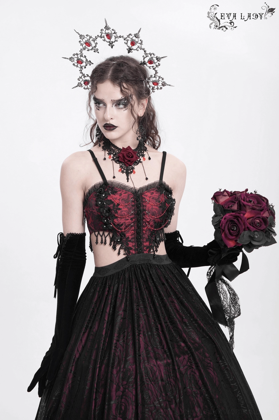 Gothic floral corset dress front detail view of sweetheart neckline and burgundy rose patterned bodice