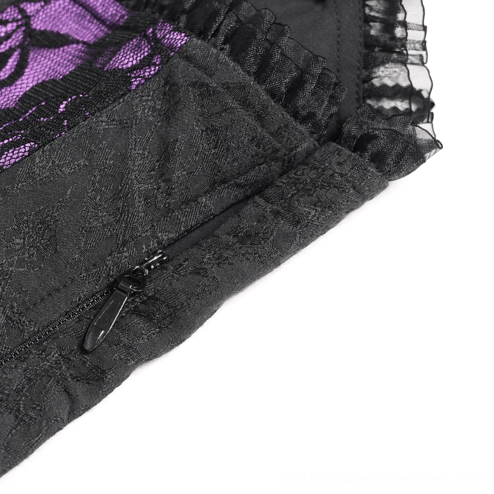 Purple gothic corset mini dress close-up of sweetheart neckline and ornate trim details