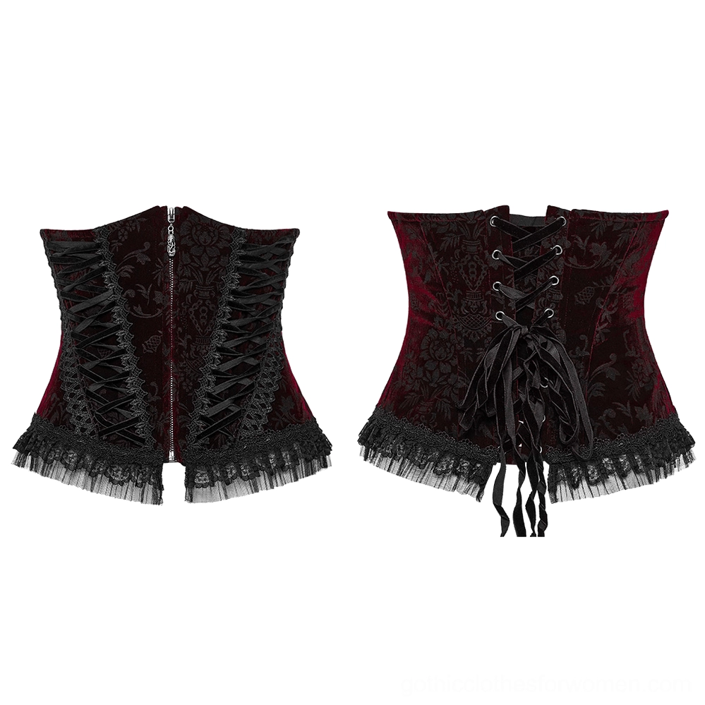 Black velvet gothic corset burgundy floral print front back dual view