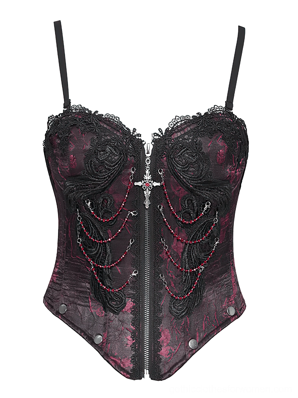 Close-up of gothic corset cup detailing with embroidered lace and red bead chain accents on mannequin
