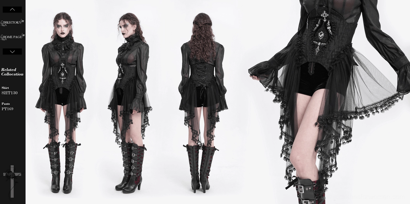 Close-up of gothic underbust corset showing layered tulle, lace trim, metal ornaments, and fine gothic embroidery