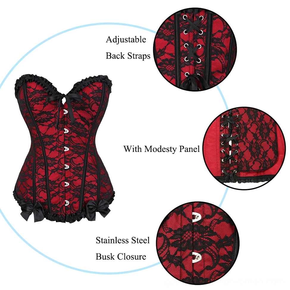 Complete gothic corset ensemble with back lace-up ribbon closure, decorative details, and structured fashion silhouette