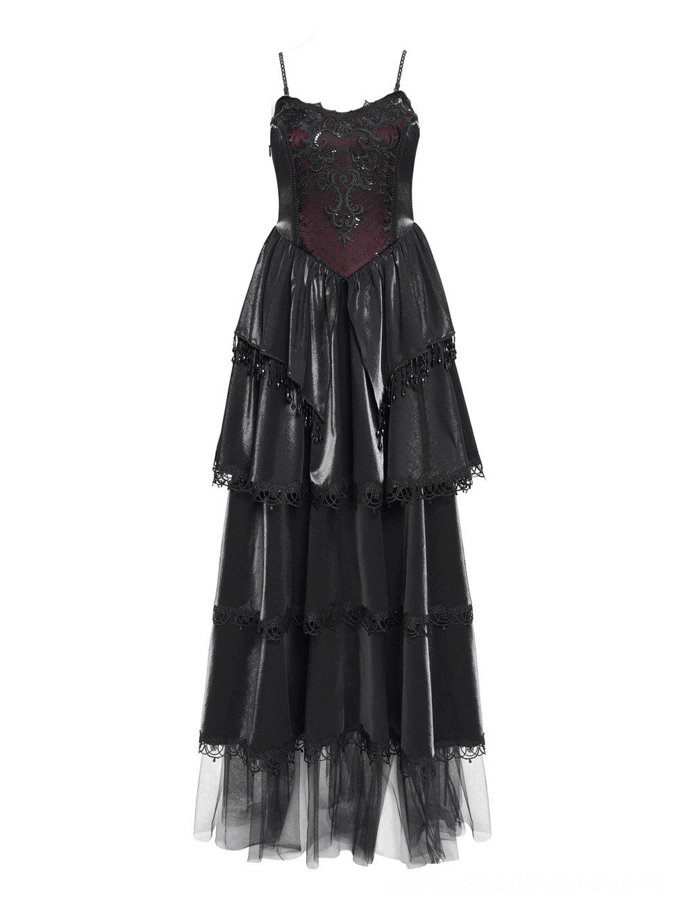 Gothic corset evening gown on mannequin front view lace-trimmed bodice tiered layered tulle skirt