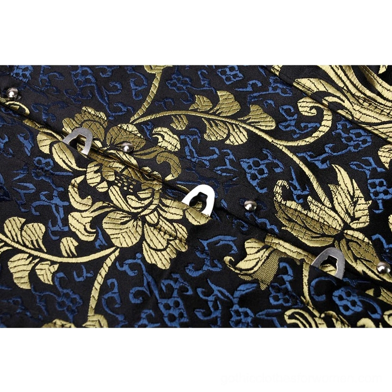 Gold floral jacquard fabric close-up, metal buckle fastener detail on corset