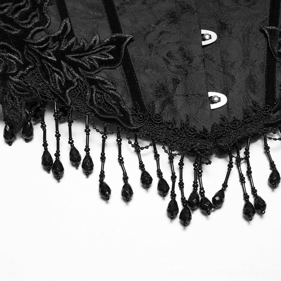 Black jacquard fabric detail with floral lace trim, bead tassels, and velvet ribbon accents